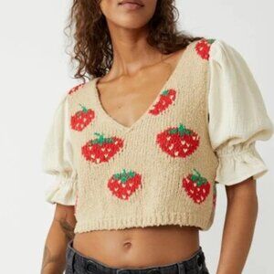 Free People Cream and Red Strawberry Knit Crop Top